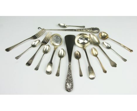 An assortment of silver to include a sugar sifter, William Theobalds, London 1840, a dog nose type spoon, London 1930, a case