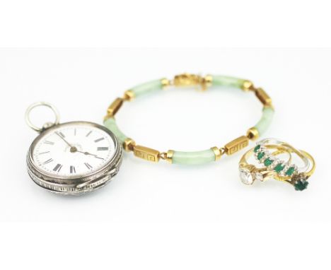 A selection of jewellery, to include; a green stone set ring in 22ct gold setting, weight 2.5gms, a white stone set ring in y