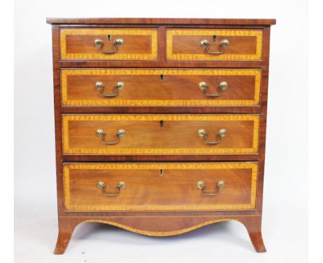 An Edwardian style satinwood inlaid mahogany chest, of two short and three graduated long drawers, on splayed bracket feet, 7