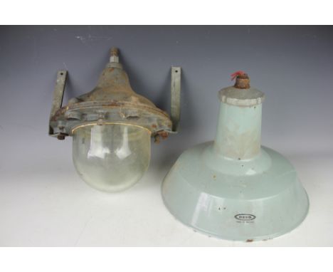 A General Electrical Company cast iron and glass external light, 39cm, with a Revo grey enamel ceiling light, 36cm diameter (