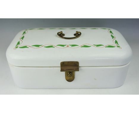 A vintage German enamel bread bin, decorated with a garland of green leaves, 46cm 