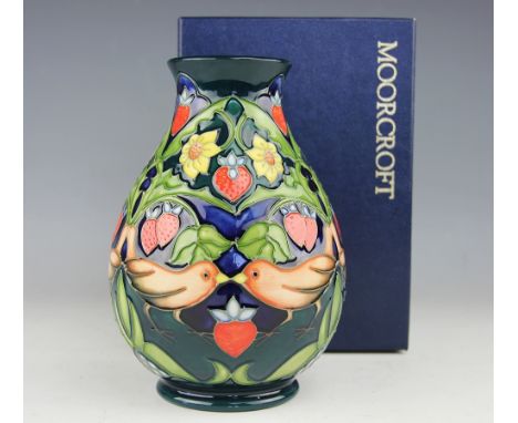 A Moorcroft Strawberry Thief pattern ovoid vase, c.1995, designed by Rachel Bishop, signed in gilt, impressed and painted mar