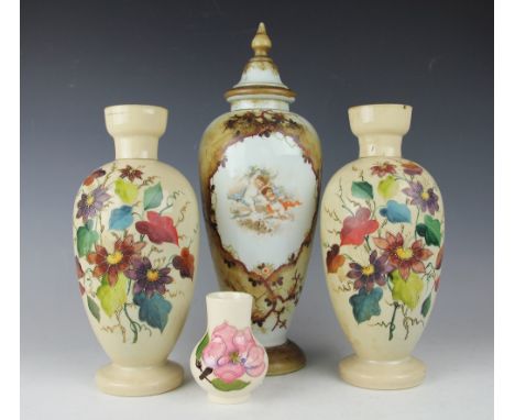 A small Moorcroft Magnolia pattern vase, decorated with flowers against an ivory ground, 10.25cm, with three French opaque gl