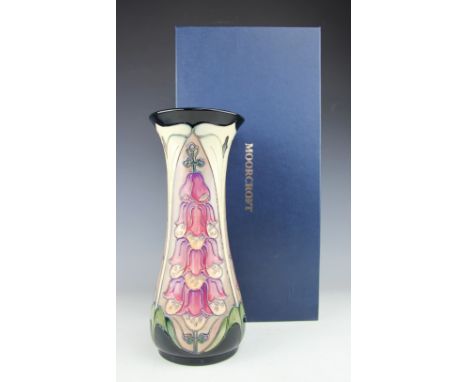 A Moorcroft Foxglove pattern tapering, waisted vase, c.1994, designed by Rachel Bishop, signed in gilt, impressed and painted