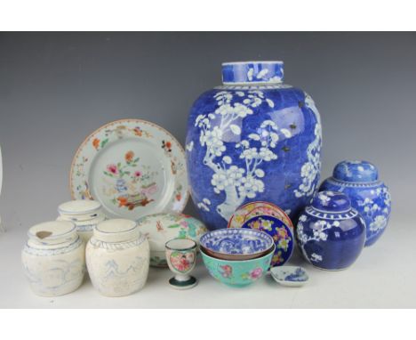 A selection of Chinese ceramics to include a large blue and white prunus decorated ginger jar and cover, bearing four charact