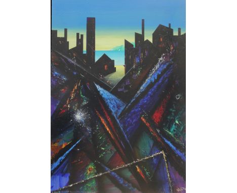 David Wilde (1918-1978), Acrylic on panel, Sunset, The deserted Quarry (Slate and scree like stained glass), Titled lower lef