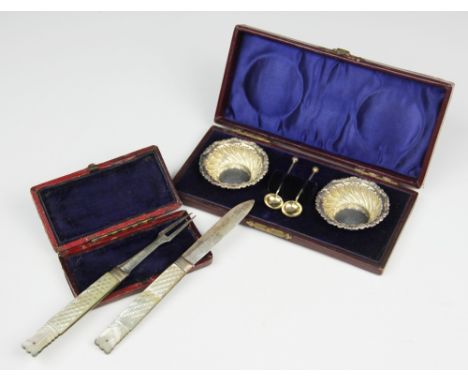 A late George III silver and mother and pearl travelling folding knife and fork, Sheffield 1820, with carved detailing, in Mo