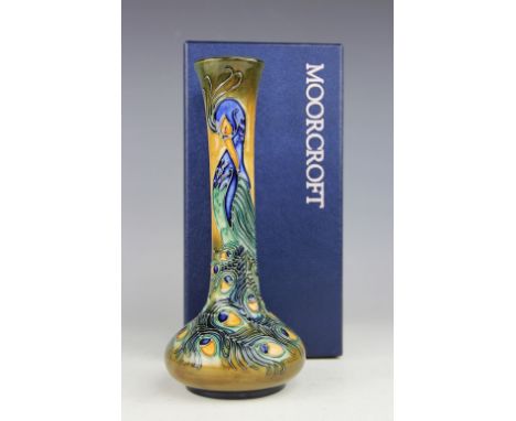 A Moorcroft Phoenix bird pattern slender vase, c.1996, designed by Rachel Bishop, signed in gilt, impressed and painted marks