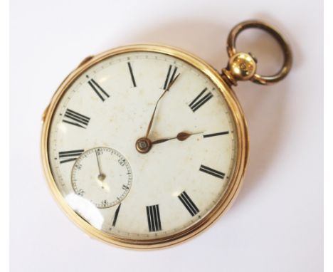 An 18ct open face pocket watch London 1876, the white enamel dial with black Roman numerals and subsidiary seconds dial, the 