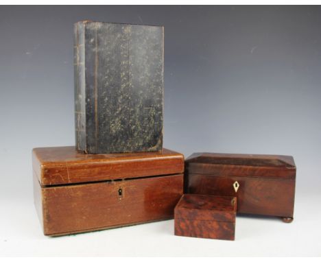 A selection of four boxes to include a 19th century rosewood tea caddy on four bun feet, 26cm wide, a mahogany box and cover 