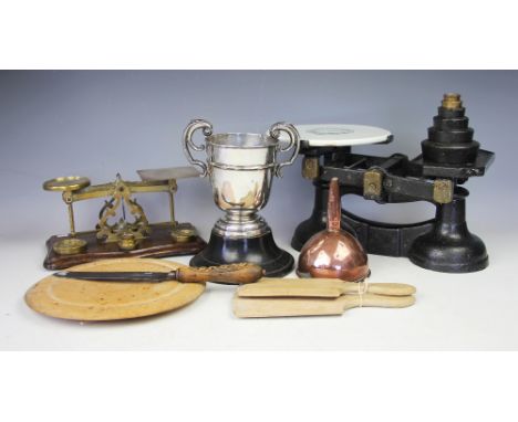 A 19th century set of cast iron and brass kitchen scales, the ceramic plateau named for Joseph & Jesse Siddons Ltd, with weig