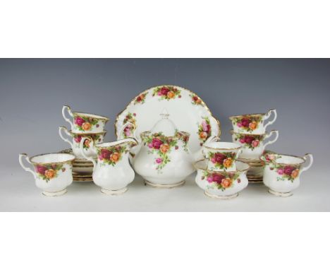 A Royal Albert Old country Roses tea service, comprising six teacups and saucer, six plates, a teapot and cover, milk jug, su