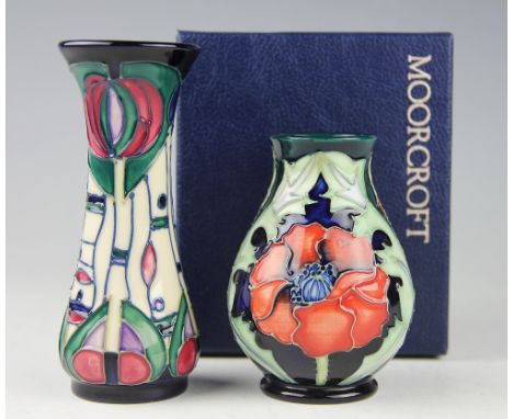A Moorcroft Mackintosh vase 1996, of slender form, 13cm high, along with a Poppy pattern vase, 1997 centenary, signed in gilt