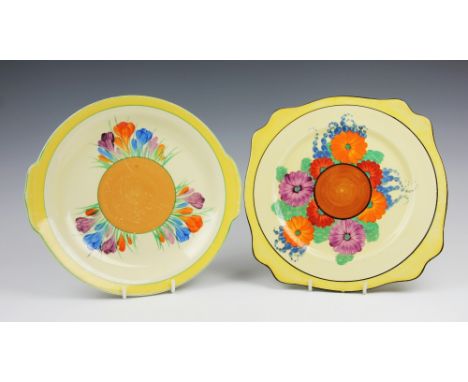 A Royal Staffordshire 'Crocus by Clarice Cliff' serving dish, decorated in autumn crocus with yellow and green borders, 24cm 
