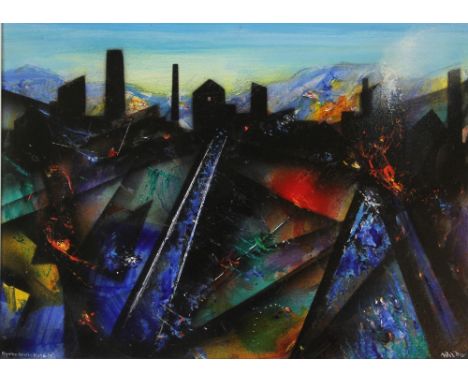 David Wilde (1918-1978), Acrylic on panel, Ogwen Quarry blaze (II), Titled lower left and signed lower right, 32.5cm x 44.5cm