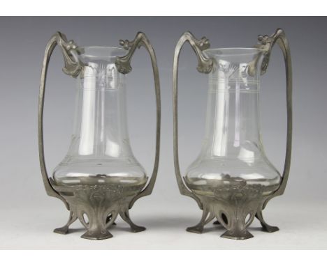 A pair of Art Nouveau pewter mounted glass vases, stamped 'Urania', Hutton Sheffield, No 1347, 19.5cm. General dulled appeara
