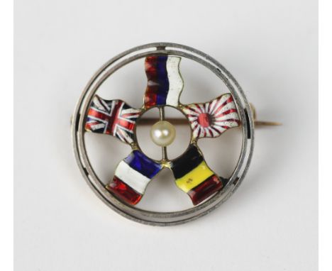 A circular enamelled 'Entent Cordiale' brooch, early 20th century, depicting the Russian, Japanese, Union, French and Belgian