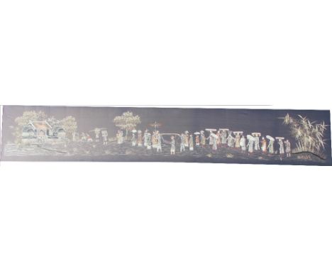 A near pair of early 20th century long Chinese silk embroidered panels, decorated with a continuous story of the rice fields,