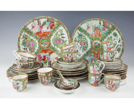 A quantity of 19th century and later Chinese Canton famille rose enamelled dinner wares to include, four teacups and saucers,