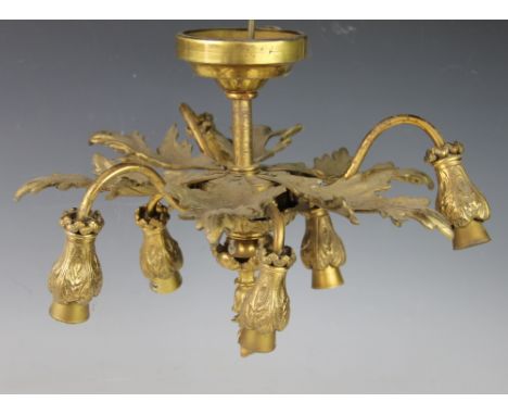 A cast brass six branch ceiling light, modelled with acanthus leaves, 36cm diameterLighting lots are sold as decorative items