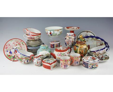 An assortment of Chinese and Japanese wares to include a satsuma vase and cover, a Kutani egg shell part tea service, a selec