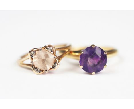 A peach morganite and diamond set ring in 14ct 'Strawberry gold', along with an amethyst set ring in yellow metal, unmarked, 