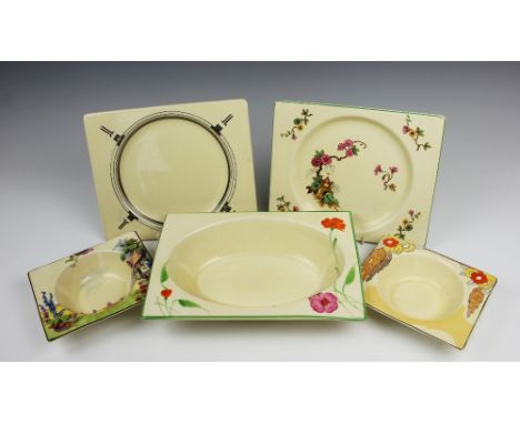 A selection of Royal Staffordshire, Clarice Cliff The Biarritz pattern wares, to include; two bowls one printed cottage scene