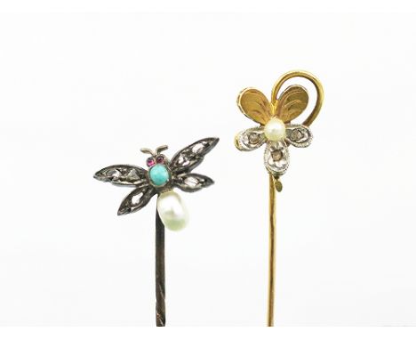 Two stick pins, to include; a diamond and pearl set pansy flower example, and a diamond, pearl and turquoise insect set stick