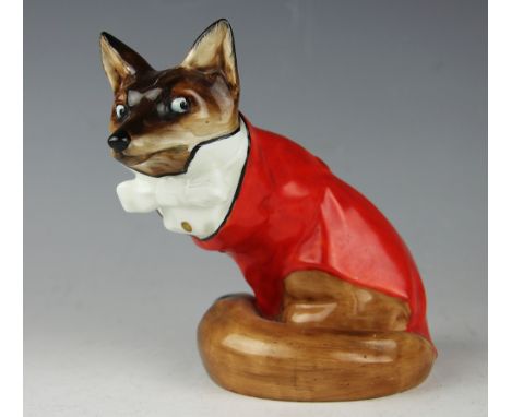 A Royal Doulton Fox in Hunting Dress HN100, wearing red coat and bow tie, (extensive cracks) 15.5cm high 