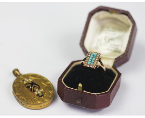 A turqoise and split seed pearl ring and locket, all set in yellow metal stamped '9ct', weight 3.6gms, along with a yellow me