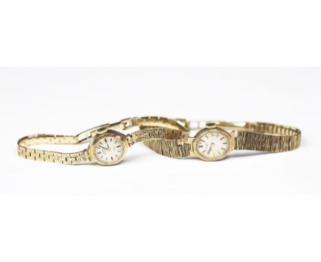 Two ladies Rotary 9ct gold wristwatches 1960's / 70's, each with silvered dial, batons and attached decorative textured strap