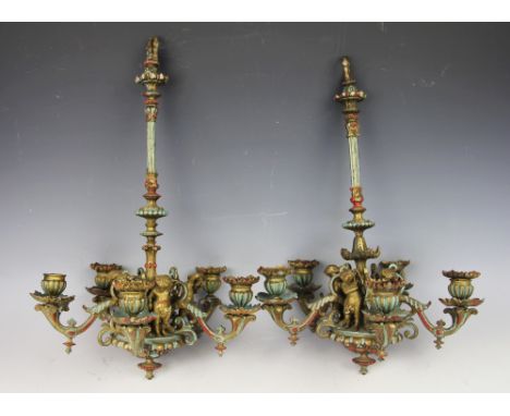 A pair of 19th century brass five branch hanging lights / chandeliers, with later gilt and painted detailing, each modelled w