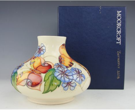 A Moorcroft Butterfly pattern squat vase, c.1993, designed by Rachel Bishop, signed in gilt and in blue, impressed and painte