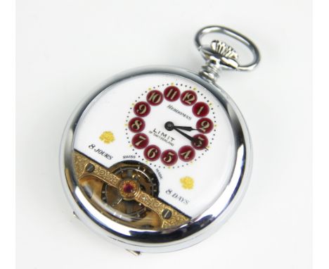 A Hebdomas patent eight day pocket watch, enamel dial with red Arabic numerals, signed Hebdomas Limit of Switzerland, with vi