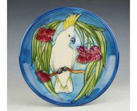 A Moorcroft limited edition Sulphur Crested Cockatoo plate, 1995, designed by Rachel Bishop, No. 294 of 350, signed in gilt, 