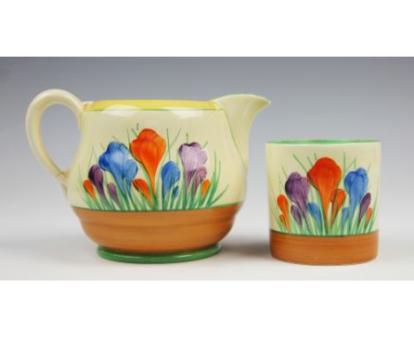 A Royal Staffordshire 'Crocus by Clarice Cliff' preserve jar (lacking cover), decorated in Autumn Crocus, 7.2cm high and a ju