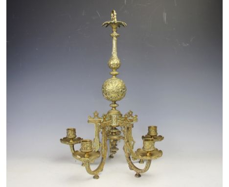 A Victorian cast brass five branch ceiling light, cast with strap work detailing, 46cm H, PROVENANCE: Hinton Hall, Hinton, Wh