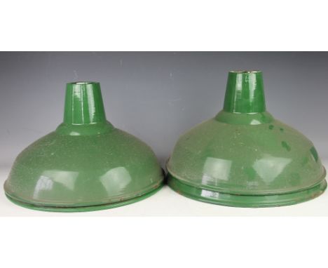 A set of four vintage Thorlux green enamel ceiling light shades, 41cm diameter (4)Lighting lots are sold as decorative items 