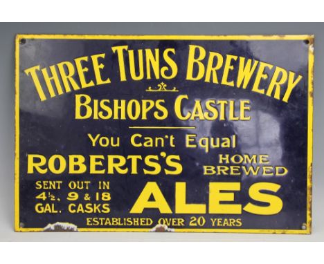 A vintage Three Tuns Brewery Bishops Castle viterous enamel vintage advertising sign, for Roberts Home Brewed Ales, 30.5cm x 