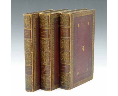 Works of Lord Byron, John Murray London edition 1819, three volumes, name to first page of the first volume, tooled red leath