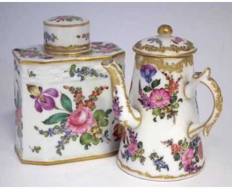 Paris porcelain Mare Eugen Bloch caddy and chocolate pot circa 1870,  painted with floral sprays within raised gilt scrollwor