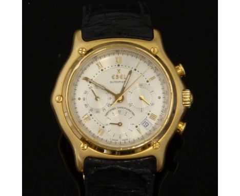 18ct gold Ebel Le Modulor automatic chronograph certified chronometer 64107661, 8137241, textured silvered dial, three subsid