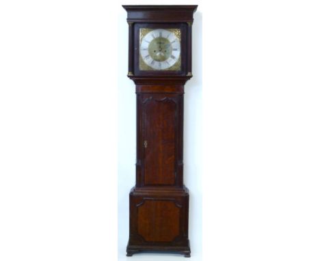 Oak and mahogany longcased clock, named R Jones Denbigh, square brass dial, silvered Roman chapter ring, engraved field, subs