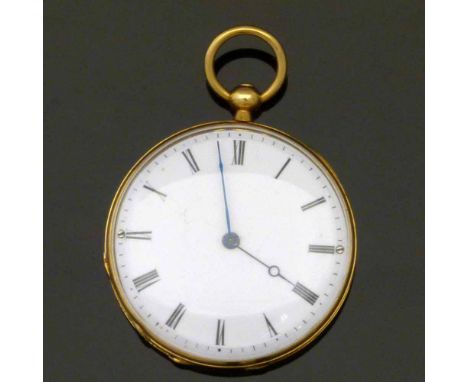 Yellow metal fob watch, late 19th century, white enamel Roman dial, 31mm, case engraved with foliage, Swiss hallmarks only on