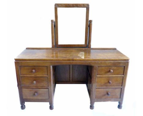 Robert (Mouseman) Thompson oak dressing table, rectangular mirror supported on two octagonal shaped columns, dressing table t