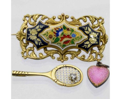 750 gold and diamond racquet pendant, London 1979, 2.1g; unmarked hollow plaque brooch enamelled with flowers, width 45mm, 5.