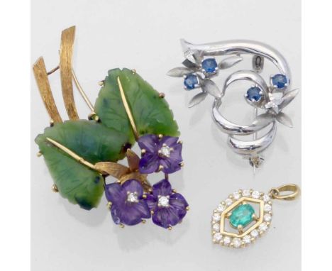 Nephrite and amethyst carved leaf brooch with three small diamonds in 585  gold, width 5cm; ruby and diamond stylised leaf br