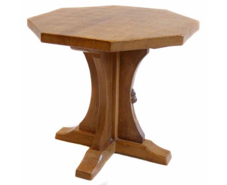 Robert (Mouseman) Thompson oak occasional table, adzed top of octagonal shape supported on four bracket legs with trademark m