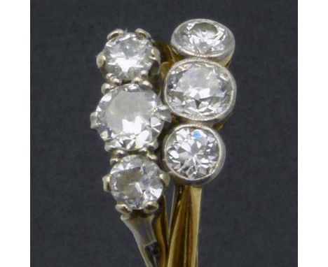 Three-stone diamond ring, old European cut in millegrain setting, ring size T and another old three-stone ring in a coronet s