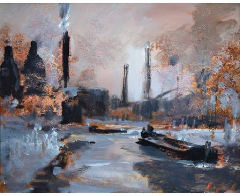 Frederick J. England (1939-),  "Trent & Mersey Canal at Etruria Basin", signed, titled on verso, acrylic on canvas, 39.5 x 49